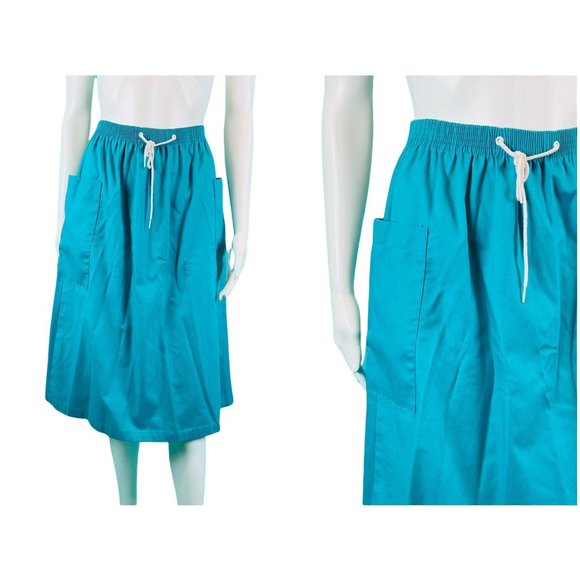 Vintage 1980s Turquoise Skirt Elastic Waist Large Pocket 1950s Style Summer - Picture 2 of 10